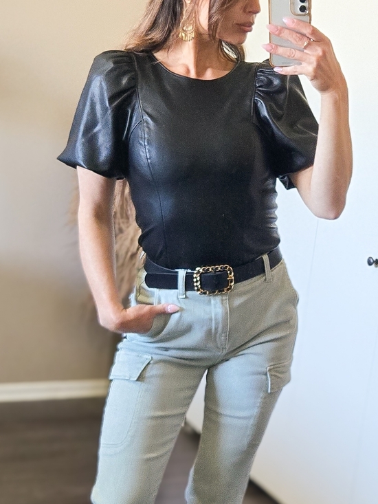 Dynamite Tops - Dynamite Faux Leather Puff Sleeve Top Black Fitted XS Coquette Flattering